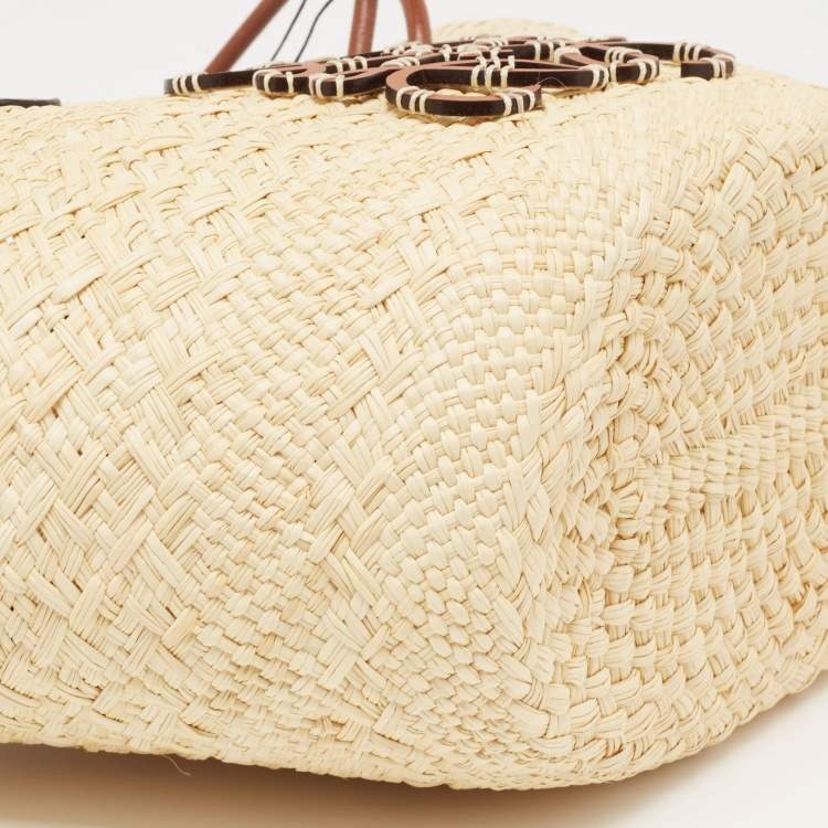 Pre Owned  Loewe Beige/Brown Woven Raffia and Leather Small Anagram Basket Bag