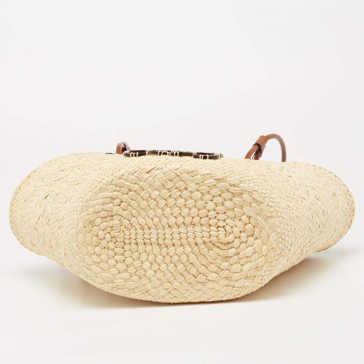 Pre Owned  Loewe Beige/Brown Woven Raffia and Leather Small Anagram Basket Bag