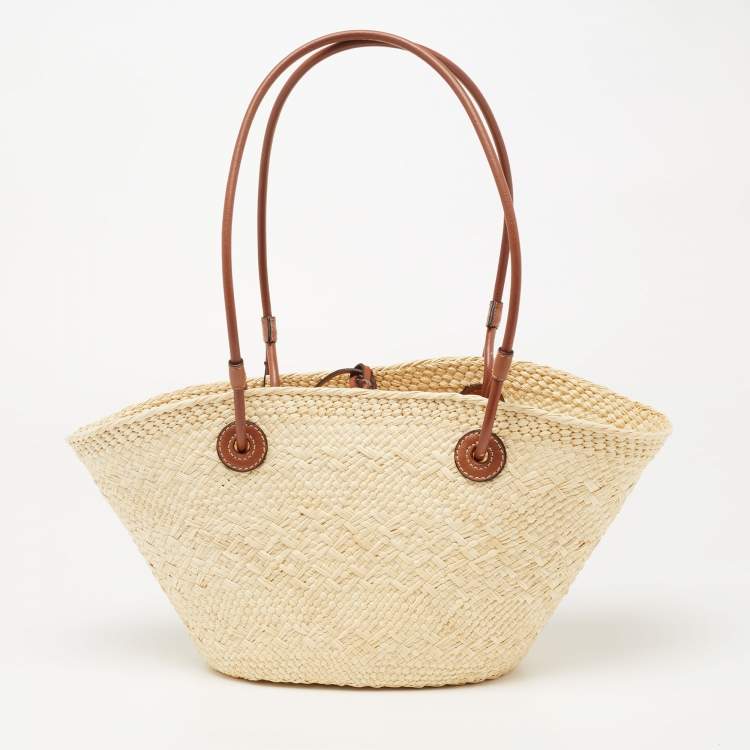 Pre Owned  Loewe Beige/Brown Woven Raffia and Leather Small Anagram Basket Bag