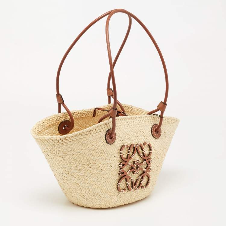 Pre Owned  Loewe Beige/Brown Woven Raffia and Leather Small Anagram Basket Bag