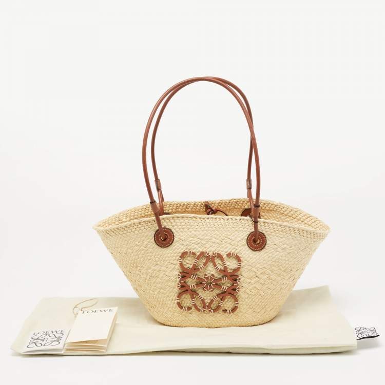 Pre Owned  Loewe Beige/Brown Woven Raffia and Leather Small Anagram Basket Bag