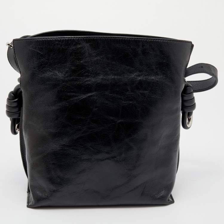 Pre Owned Loewe Black Crinkled Glossed Leather Flamenco Knot Shoulder Bag