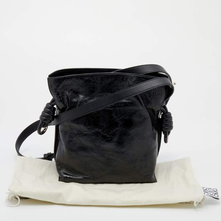 Pre Owned Loewe Black Crinkled Glossed Leather Flamenco Knot Shoulder Bag