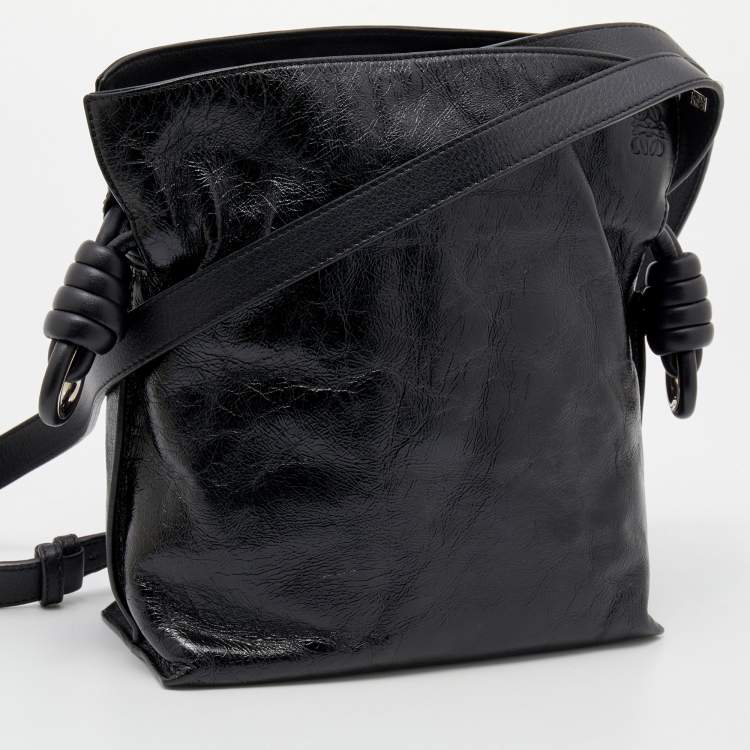 Pre Owned Loewe Black Crinkled Glossed Leather Flamenco Knot Shoulder Bag