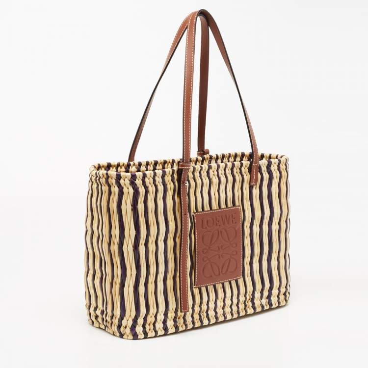 Pre Owned Loewe x Paula Ibiza Tricolor Raffia and Leather Square Basket Tote 