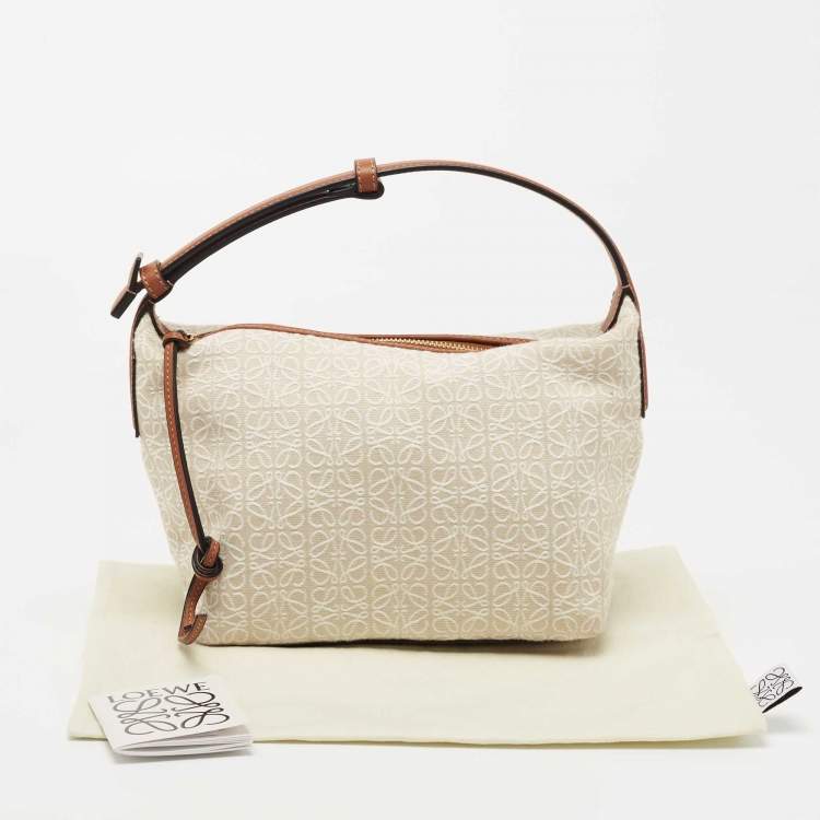 Pre Owned Loewe Beige/Brown Logo Jacquard Canvas and Leather Cubi Anagram Bag