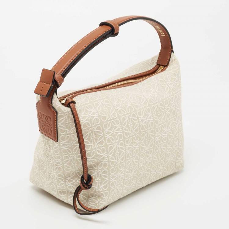 Pre Owned Loewe Beige/Brown Logo Jacquard Canvas and Leather Cubi Anagram Bag