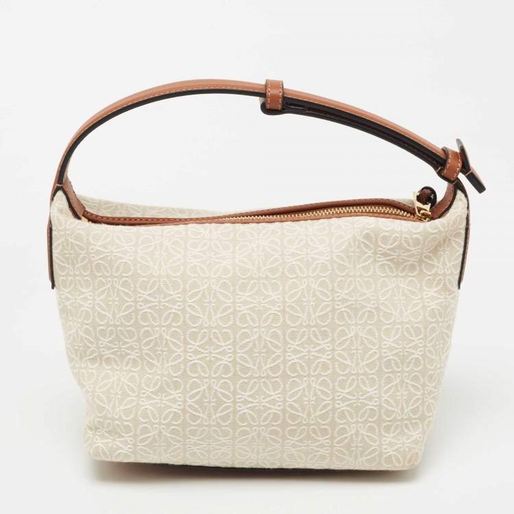 Pre Owned Loewe Beige/Brown Logo Jacquard Canvas and Leather Cubi Anagram Bag