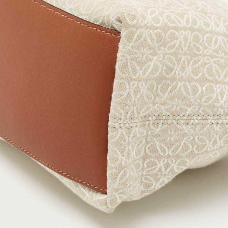 Pre Owned Loewe Beige/Brown Logo Jacquard Canvas and Leather Cubi Anagram Bag