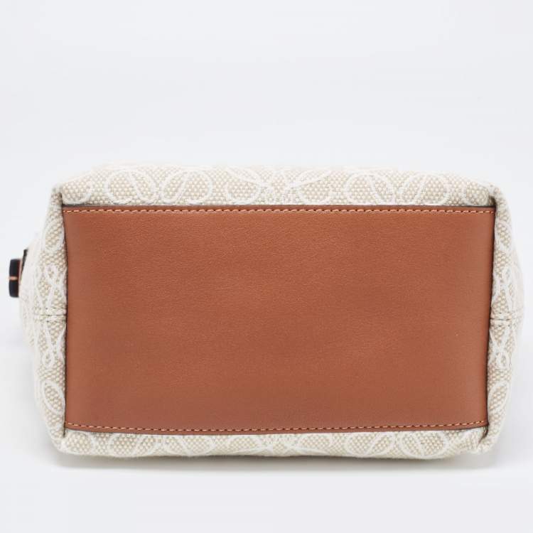 Pre Owned Loewe Ecru/Tan Jacquard Canvas and Leather Small Cubi Anagram Shoulder Bag