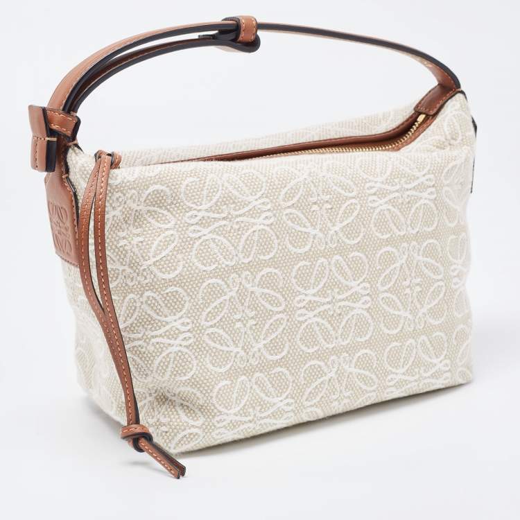 Pre Owned Loewe Ecru/Tan Jacquard Canvas and Leather Small Cubi Anagram Shoulder Bag