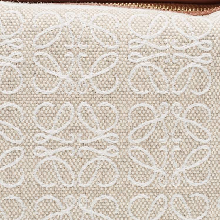 Pre Owned Loewe Ecru/Tan Jacquard Canvas and Leather Small Cubi Anagram Shoulder Bag