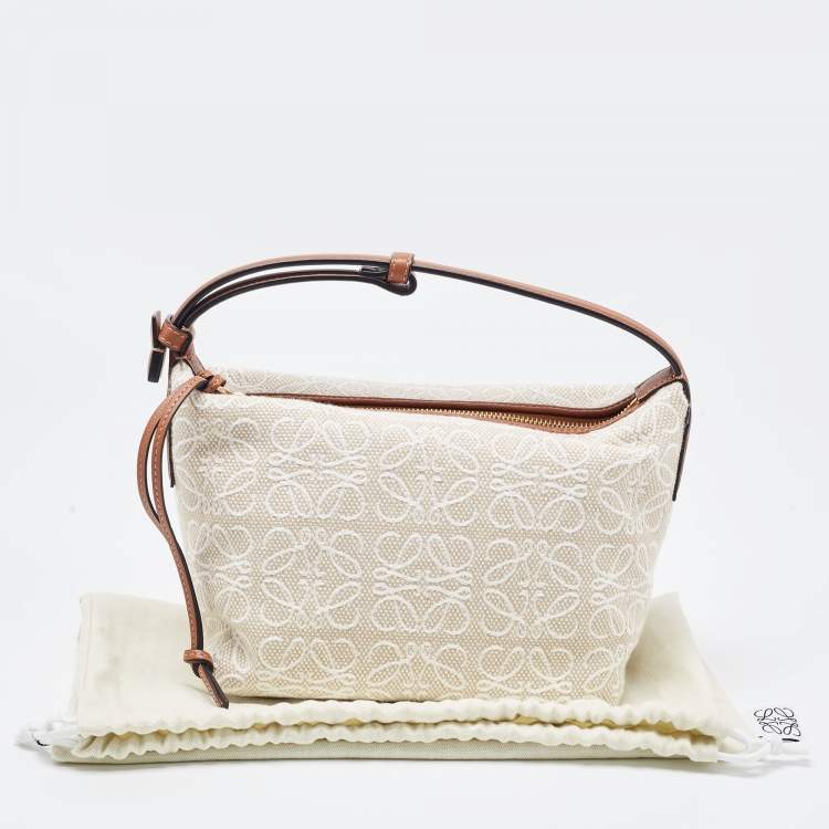 Pre Owned Loewe Ecru/Tan Jacquard Canvas and Leather Small Cubi Anagram Shoulder Bag
