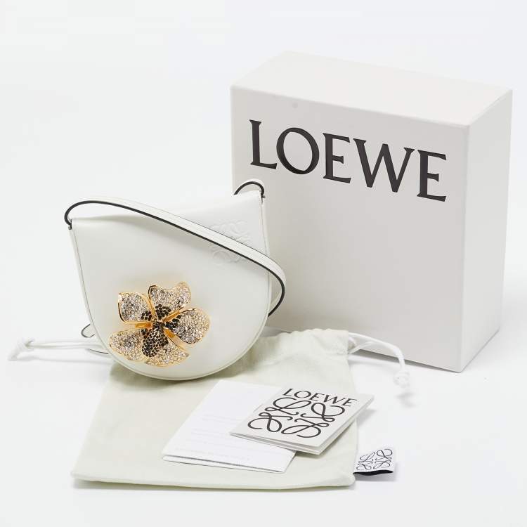 Pre Owned Loewe White Leather Small Crystal Flower Heel Pouch