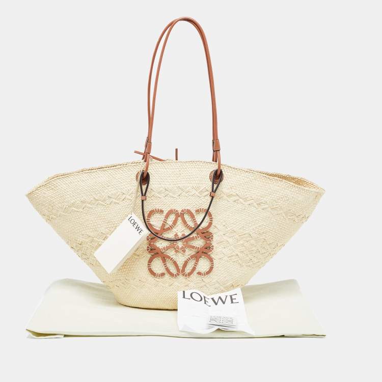 Pre Owned Loewe Beige/Brown Raffia and Leather Trim Large Anagram Basket Tote