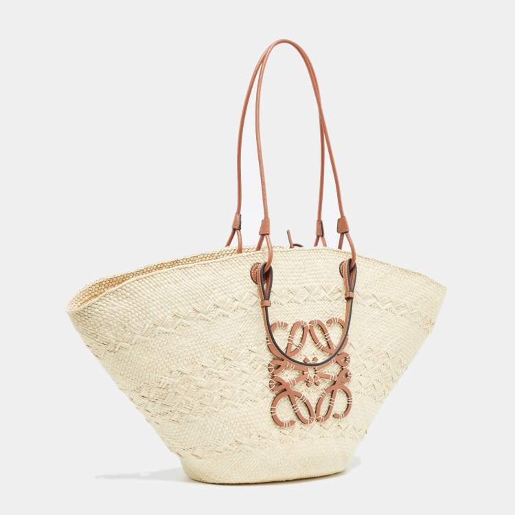 Pre Owned Loewe Beige/Brown Raffia and Leather Trim Large Anagram Basket Tote