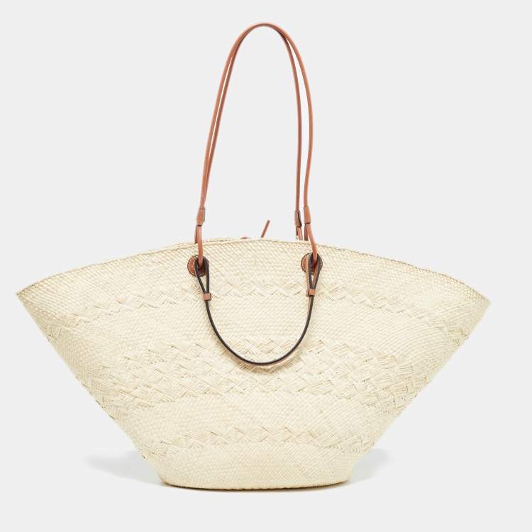 Pre Owned Loewe Beige/Brown Raffia and Leather Trim Large Anagram Basket Tote