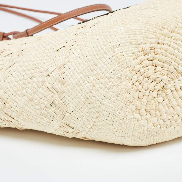 Pre Owned Loewe Beige/Brown Raffia and Leather Trim Large Anagram Basket Tote