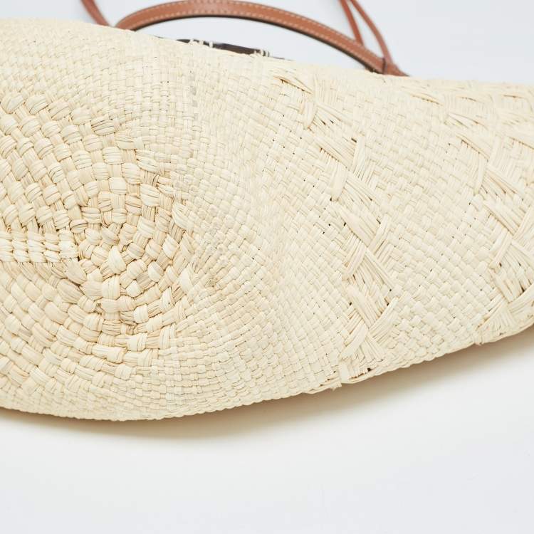 Pre Owned Loewe Beige/Brown Raffia and Leather Trim Large Anagram Basket Tote