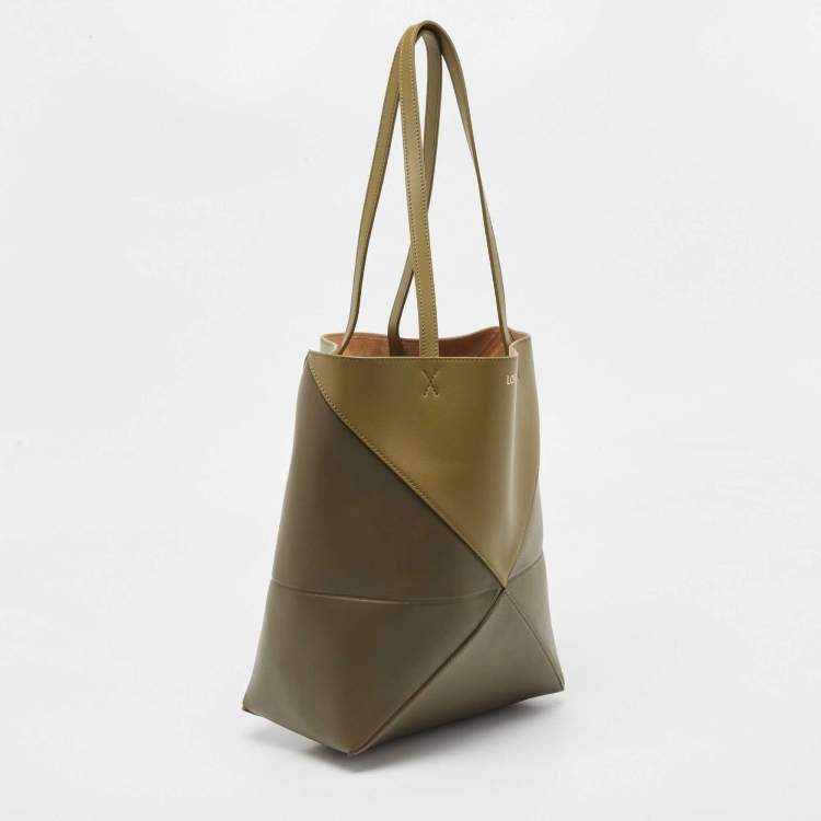 Pre Owned Loewe Green Leather Medium Puzzle Fold Tote