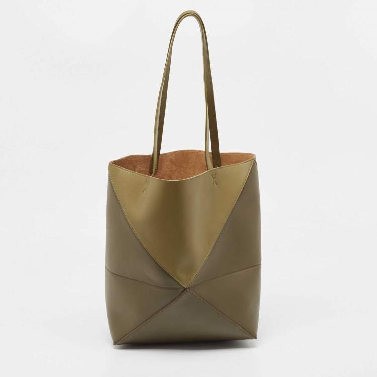 Pre Owned Loewe Green Leather Medium Puzzle Fold Tote