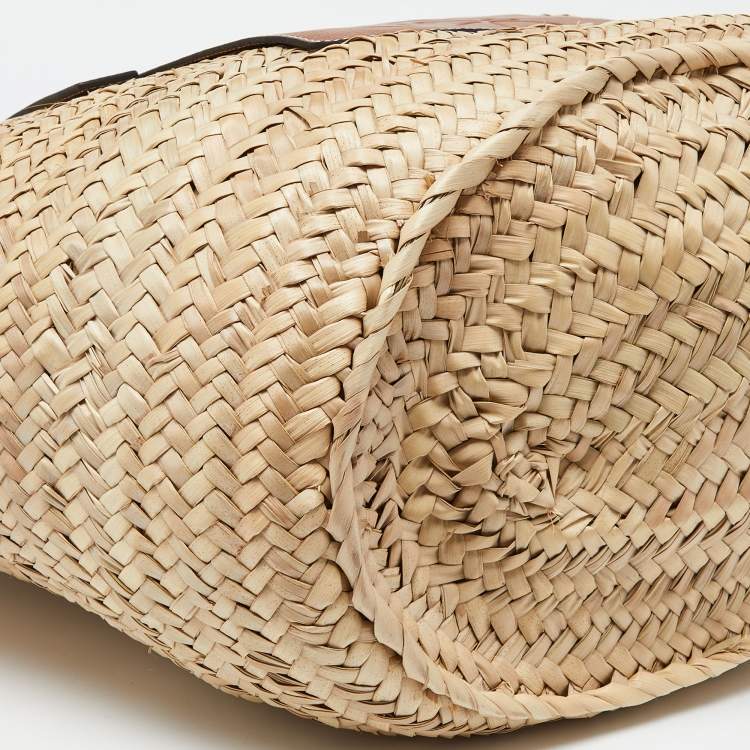 Pre Owned Loewe Vream/Brown Woven Raffia and Leather Large Basket Bag