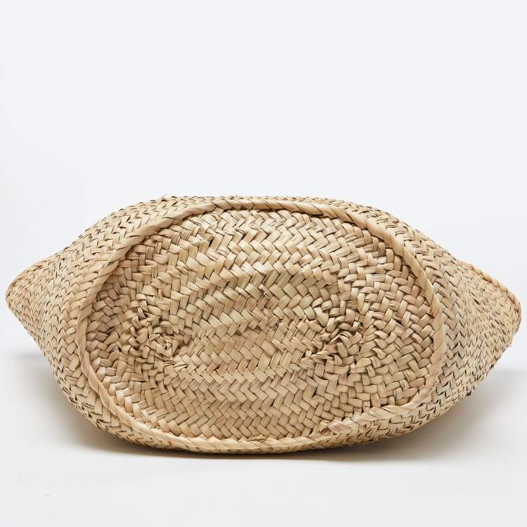 Pre Owned Loewe Vream/Brown Woven Raffia and Leather Large Basket Bag