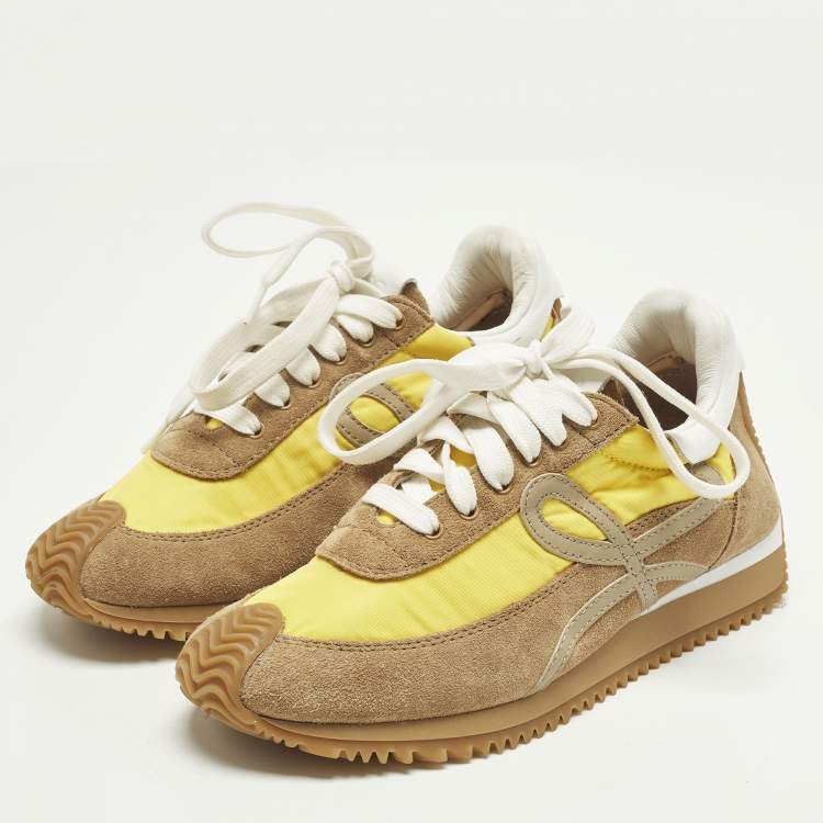 Pre Owned Loewe Brown/Yellow Leather and Suede Low Top Sneakers Size 35