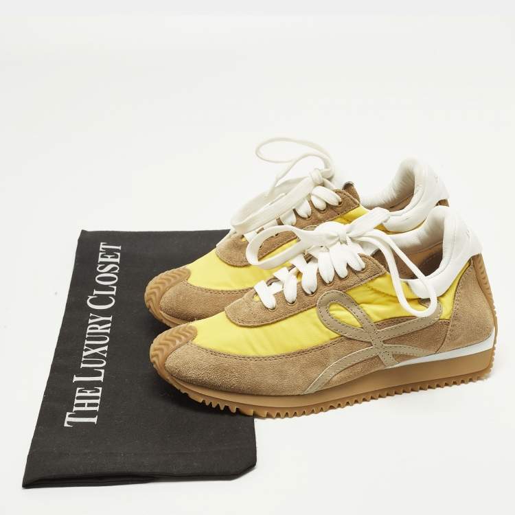 Pre Owned Loewe Brown/Yellow Leather and Suede Low Top Sneakers Size 35
