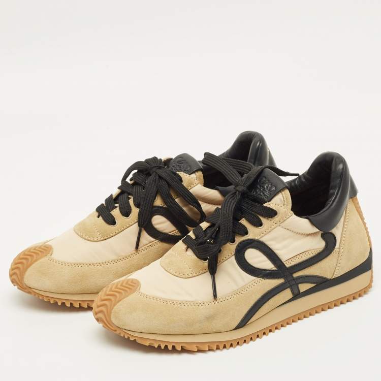 Pre Owned Loewe Flow Size 37 Brown Nylon and Suede Lace Up Sneakers