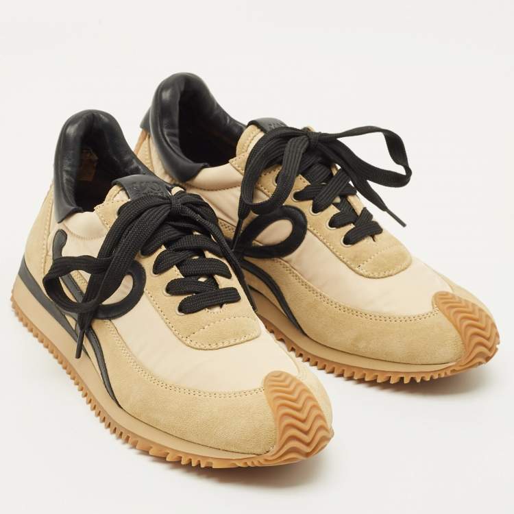 Pre Owned Loewe Flow Size 37 Brown Nylon and Suede Lace Up Sneakers