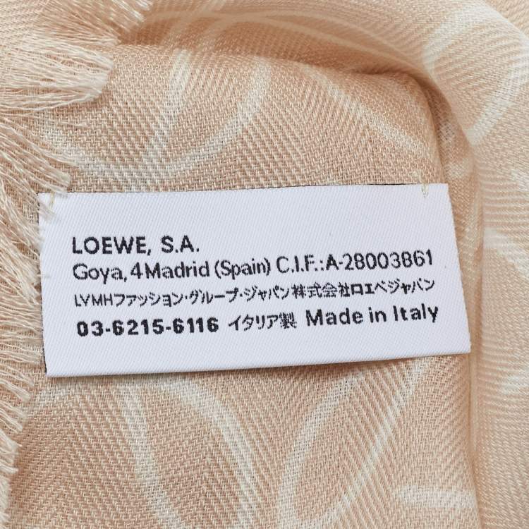 Pre Owned Loewe Cream Anagram Print Wool & Silk Fringed Stole