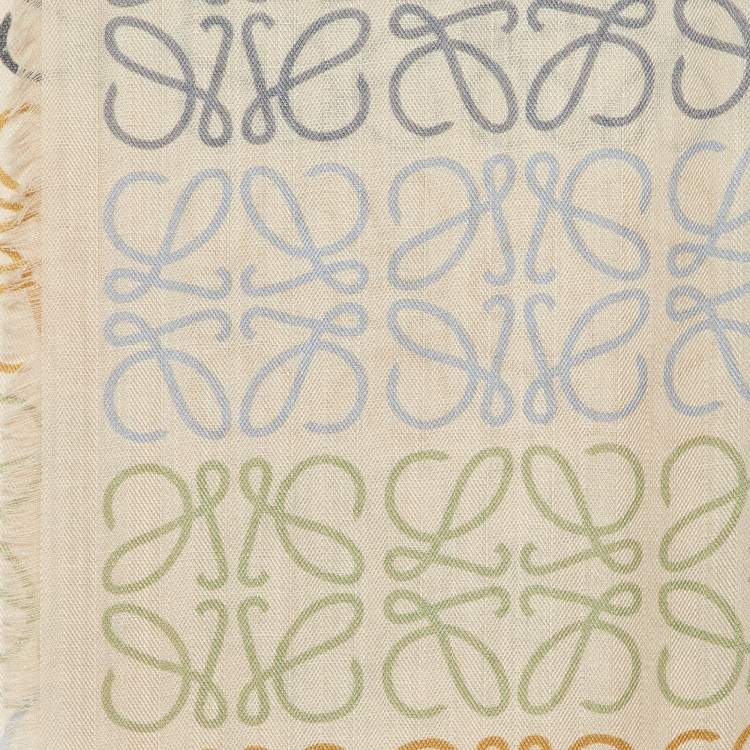 Pre Owned Loewe Cream Anagram Print Wool & Silk Fringed Stole