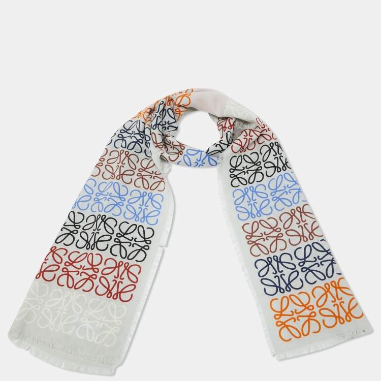 Pre Owned Loewe Grey Multi Anagram Print Wool & Silk Stole 
