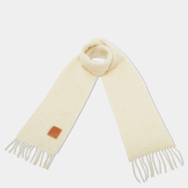 Pre Owned Loewe Cream Leather Trim Mohair & Wool Scarf