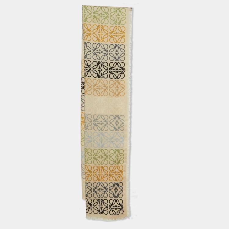 Pre Owned Loewe Cream Anagram Print Wool  Silk Scarf