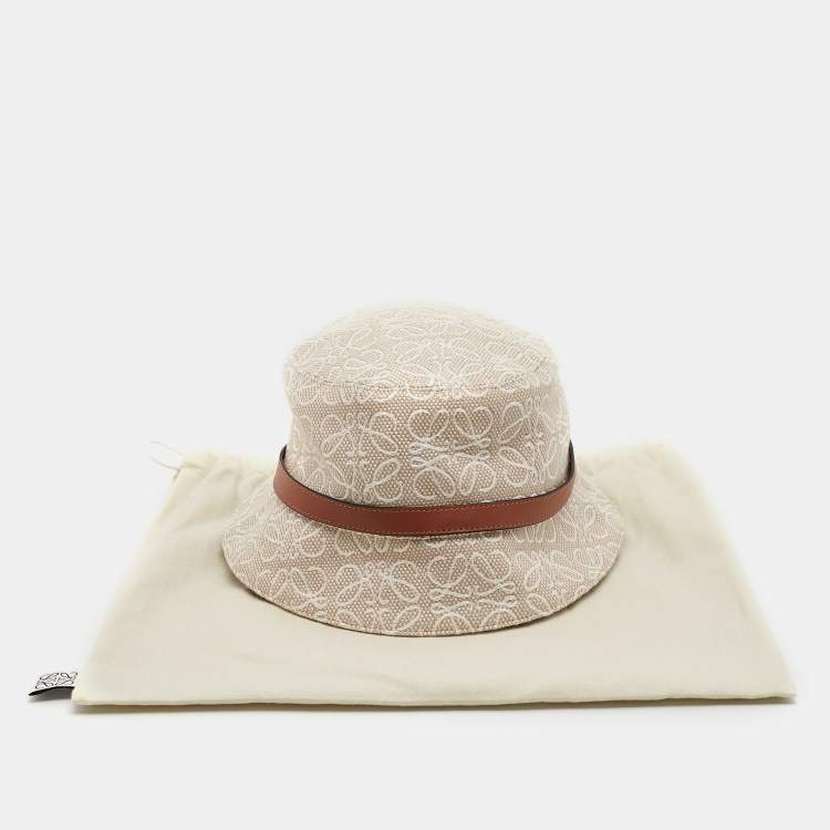 Pre Owned Loewe Beige Anagram Cotton Canvas Leather Trim Bucket Hat