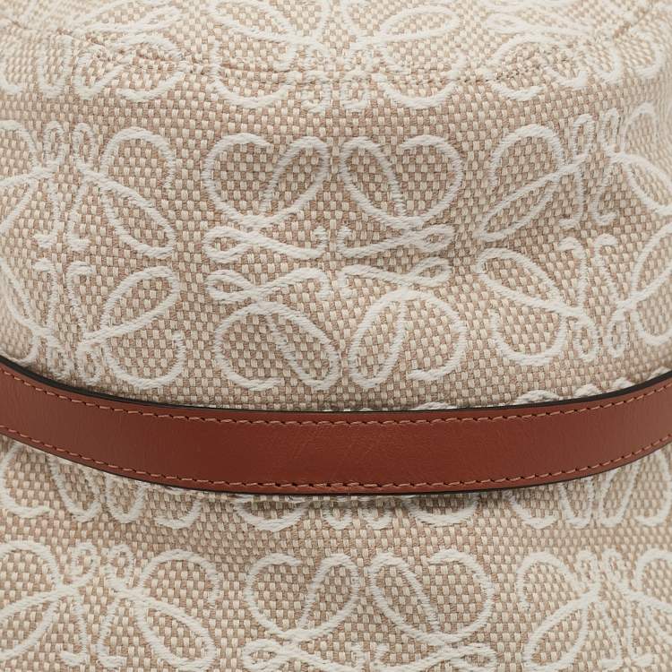 Pre Owned Loewe Beige Anagram Cotton Canvas Leather Trim Bucket Hat
