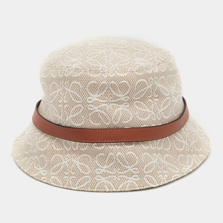 Pre Owned Loewe Beige Anagram Cotton Canvas Leather Trim Bucket Hat