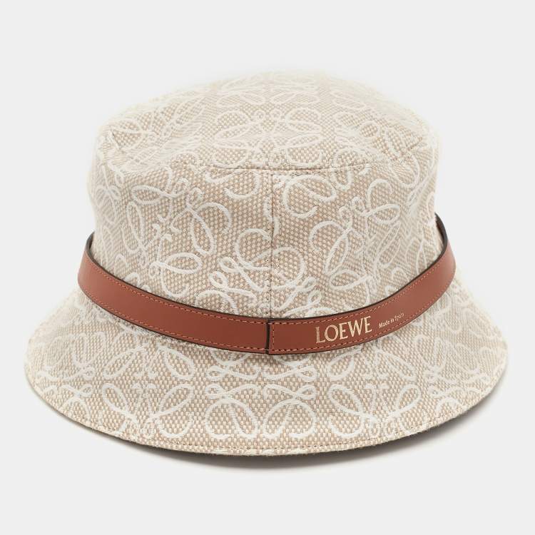 Pre Owned Loewe Beige Anagram Cotton Canvas Leather Trim Bucket Hat