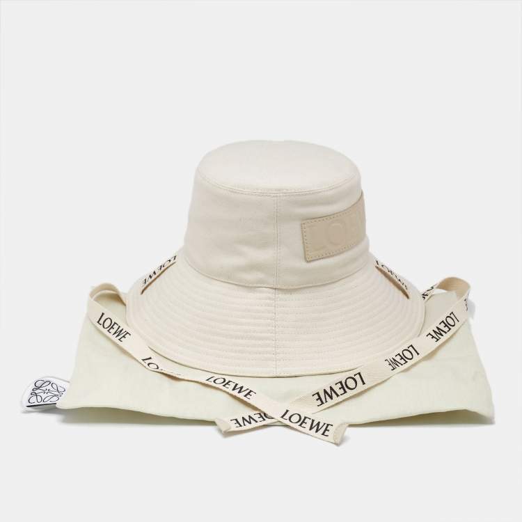 Pre Owned Loewe Beige Cotton Canvas Logo Leather Trim Fisherman Hat