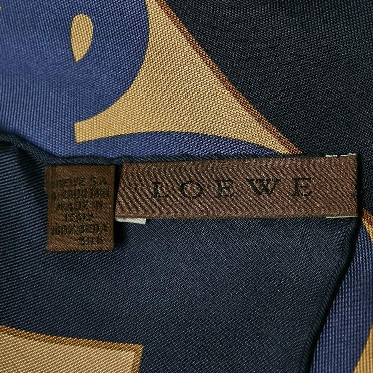 Pre Owned Loewe Navy Blue & Gold Logo Printed Silk Square Scarf