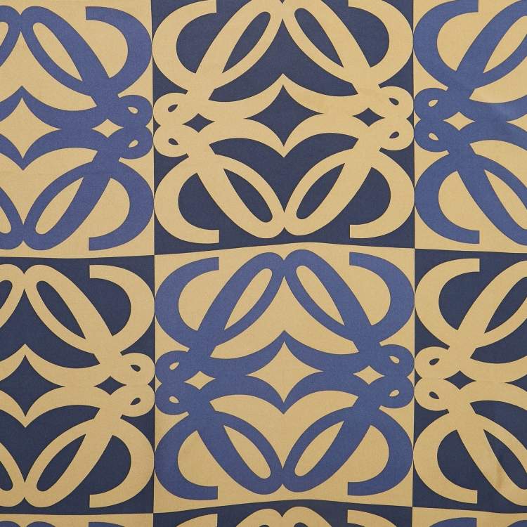 Pre Owned Loewe Navy Blue & Gold Logo Printed Silk Square Scarf