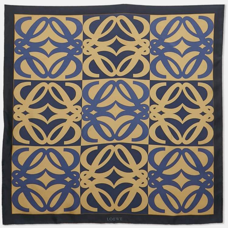 Pre Owned Loewe Navy Blue & Gold Logo Printed Silk Square Scarf