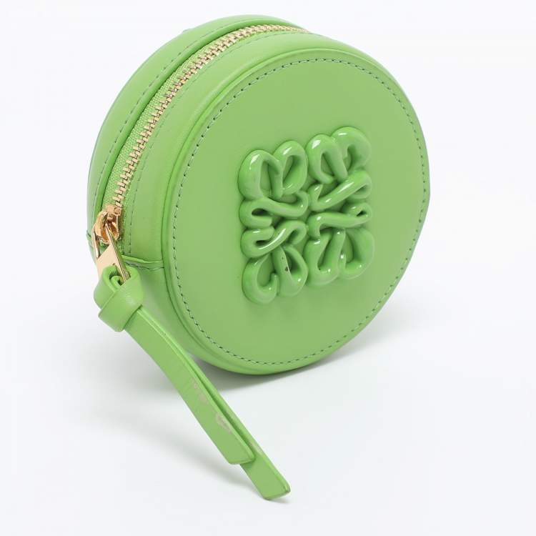 Pre Owned Loewe Pea Green Leather Monogram Debossed Cookie Purse Charm