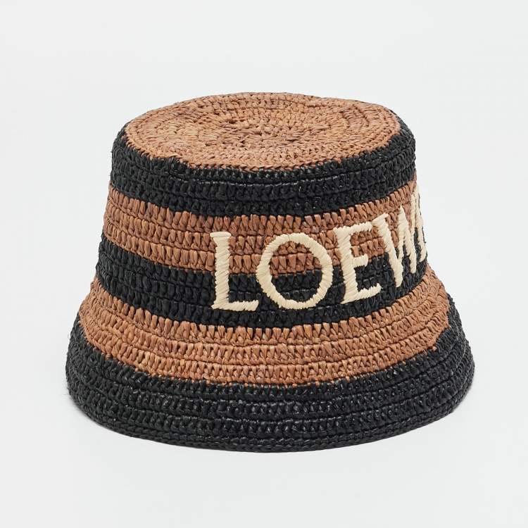 Pre Owned Loewe X Paula's Ibiza Brown/Black Logo Raffia Bucket Hat One Size