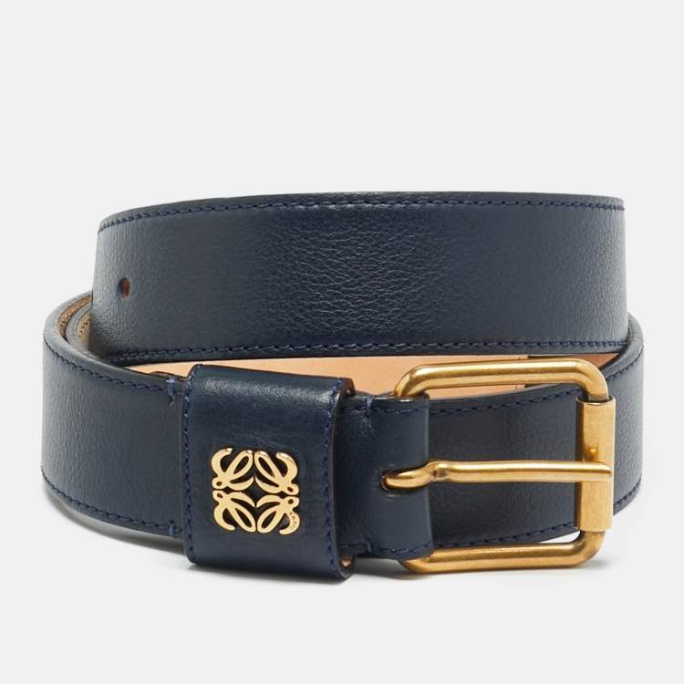 مملوكة مسبقًا Loewe Logo 85 CM Buckle Belt Navy Blue Leather