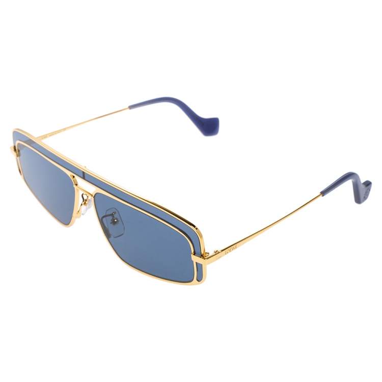Pre Owned Loewe Blue Acetate and Gold Tone Metal LW40022U Rectangle Sunglasses