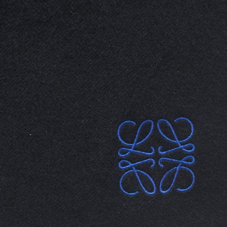 Pre Owned Loewe Navy Blue/Black Embroidered Wool Blend Fringed Scarf