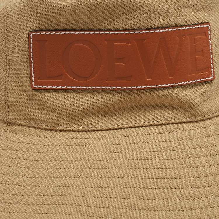 Pre Owned Loewe X Paula Ibiza Beige Canvas Logo Leather Trimmed Bucket Hat Size 54